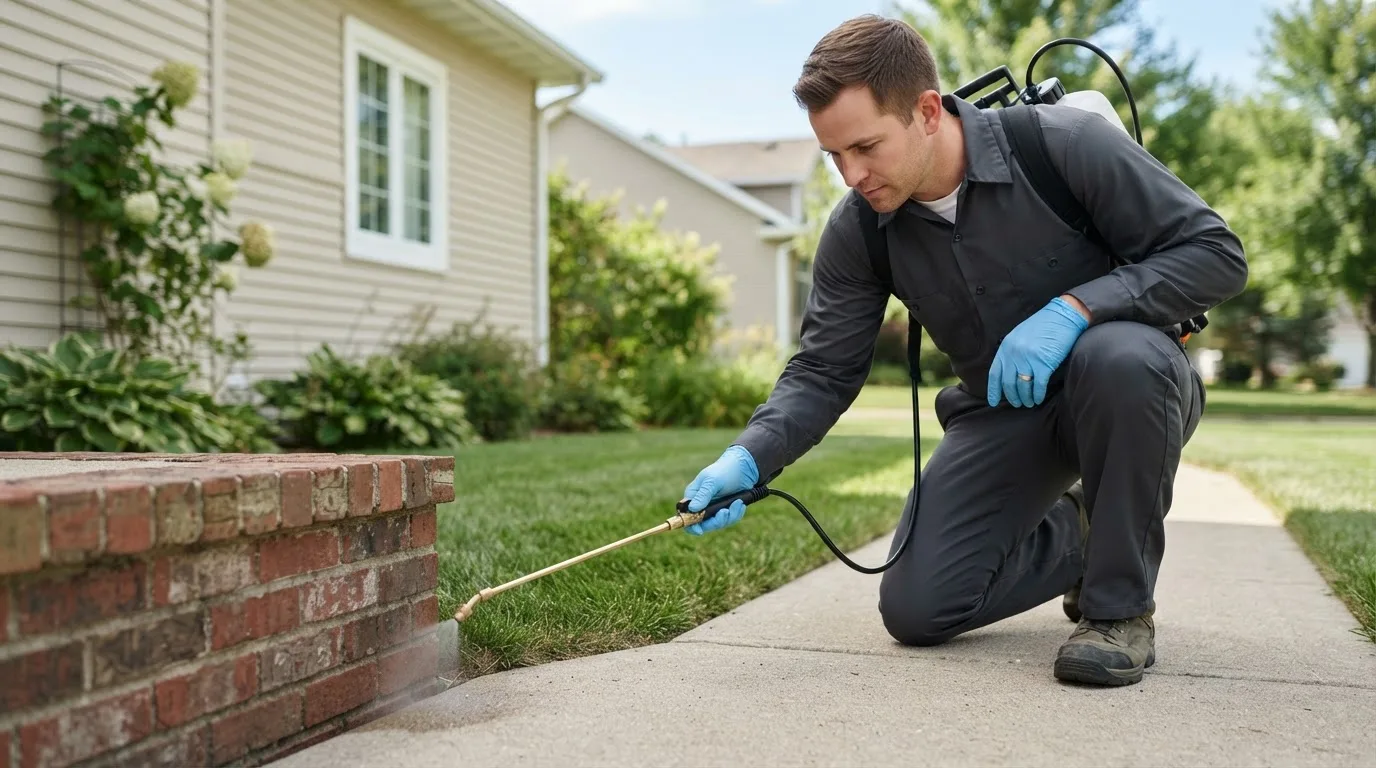 Pest control technician treating a home near Bradford, VT